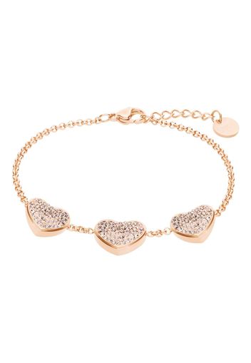 Bracciale in acciaio rosato con tre ciondoli forma cuore e strass per Donna