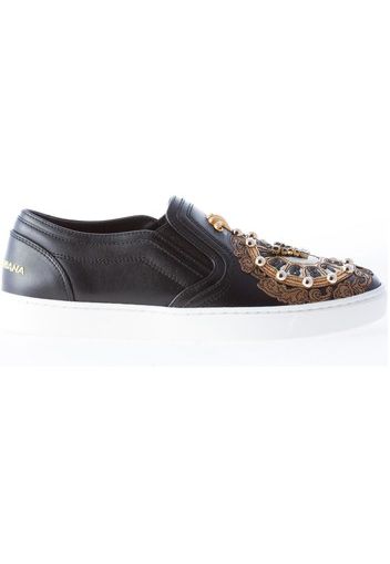 Donna slip on in pelle NERO con appliqué orologio