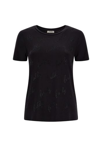 T-shirt con logo all-over in strass sul fronte