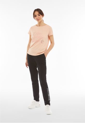 T-shirt donna in jersey modal con grafica lucida e strass