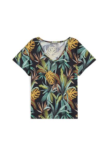 T-shirt scollo a V in jersey modal stampa tropical all over