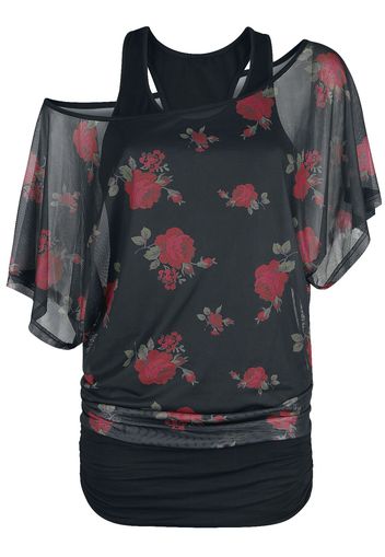 Forplay - 2 in 1 Mesh Roses Shirt - T-Shirt - Donna - nero rosso