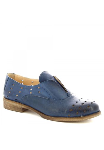 Scarpe francesine senza lacci da donna artigianali in pelle di vitello traforata blu 7 BLEU