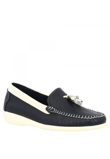 Mocassini slip-on con nappine da donna in pelle di vitello blu fatti a mano 202VEN BLU BIANCO