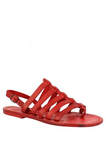 Sandali bassi infradito con fascette da donna artigianali in pelle rossa con fibbia 576 ROSSO