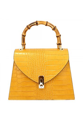 Borsa a mano elegante da donna artigianale in pelle gialla stampa coccodrillo con tracolla manico in bamboo GLORIA COCCO GIALLO Giallo