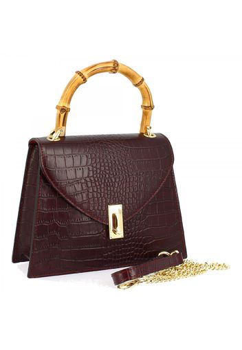 Borsa a mano elegante da donna artigianale in pelle prugna stampa coccodrillo tracolla removibile manico bamboo GLORIA COCCO PRUGNA Bordeaux