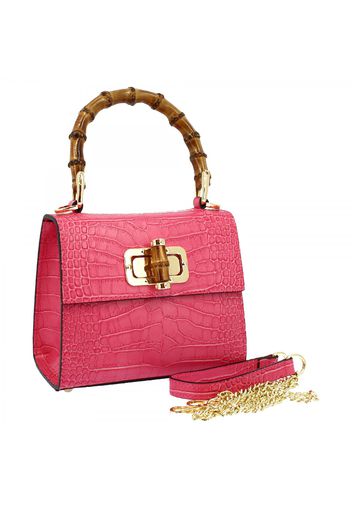 Borsa a mano artigianale con tracolla removibile da donna in pelle fucsia stampa coccodrillo manico bamboo VITTORIA COCCO FUXIA Fuxia