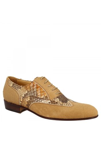 Scarpe francesine stringate da donna fatte a mano in pelle di cavallino e pitone marrone 037 PONY CAMEL PITONE