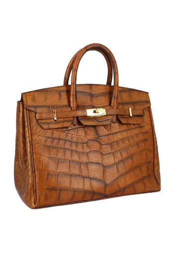 Borsa trapezio a mano da donna con chiusura a scatto fatta a mano in pelle di vitello marrone stampa coccodrillo NNN105 STAMPA COCCO COGNAC Marrone