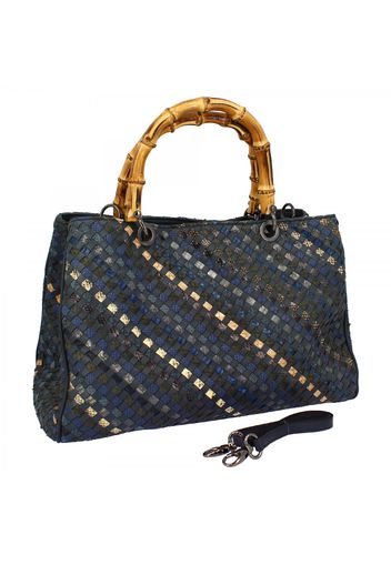 Borsa a spalla Agnese fatta a mano in pelle intrecciata blu manici in bamboo AGNESE BLU BAMBOO G