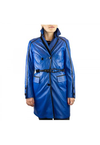 Giacca reversibile da donna fatta a mano in pelle di vitello blu e cachemire con cintura 18907/R BLU