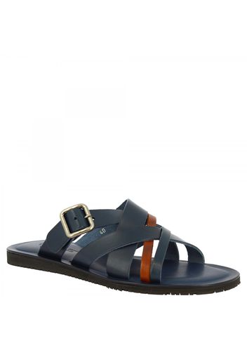 Sandali da uomo fatti a mano in pelle di vitello blu cuoio con fibbia M7600 NAVY/CUOIO