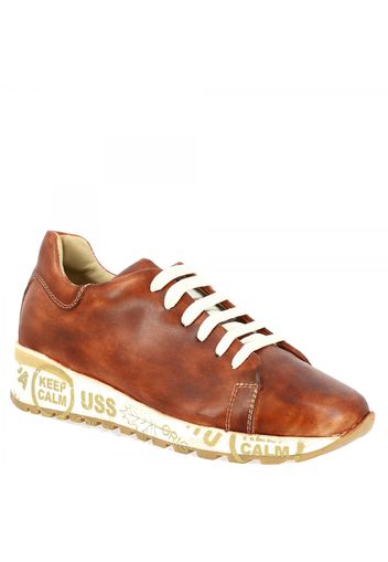 Sneakers Keep Calm da donna fatte a mano in pelle di vitello marrone CALM STAMPA MARRONE