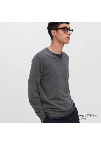 Uniqlo Maglione 100% Lana Merino Extra Fina Collo A V - Grigio - Xxs