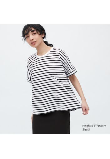 Uniqlo T-Shirt Cotone A Righe Maniche Alla Francese - Bianco