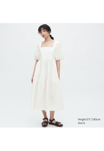 Uniqlo Vestito Arricciato Misto Lino Maniche Oversized - Bianco