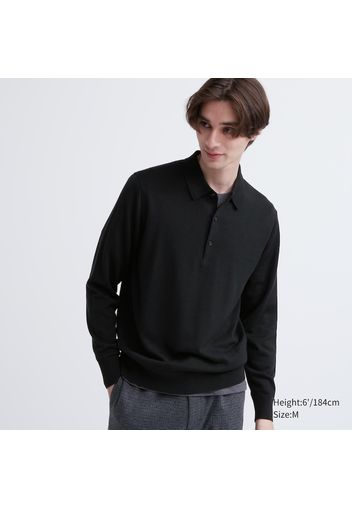 Uniqlo Polo A Maglia 100% Lana Merino Extra Fina Maniche Lunghe - Nero