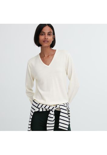 Uniqlo Maglione 100% Lana Merino Extra Fina Collo A V - Bianco