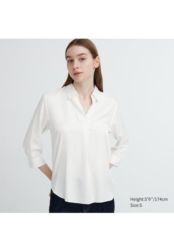 Uniqlo Blusa Viscosa A Righe Colletto Aperto Maniche 3/4 - Blu Marino