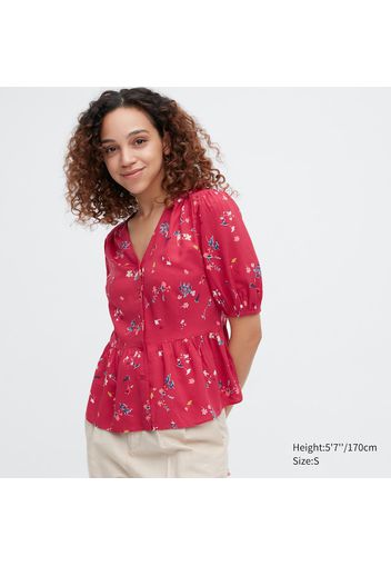 Uniqlo Blusa Viscosa Rasata Oversized Con Stampa Collo A V Maniche Corte - Rosso