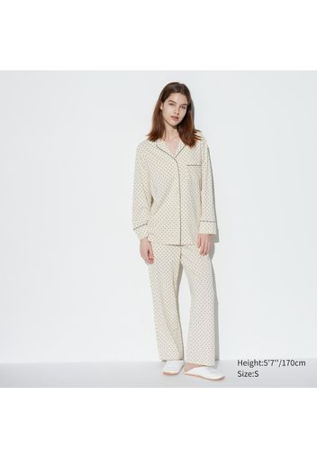 Uniqlo Pigiama Airism Cotone A Pois Maniche Lunghe - Beige Chiaro