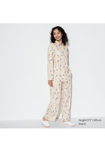 Uniqlo Viscosa Pigiama Raso A Fiori Maniche Lunghe - Beige Chiaro