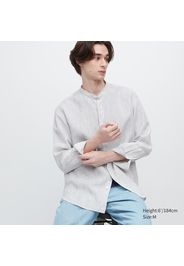 Uniqlo Camicia 100% Lino Premium A Righe Colletto Alla Coreana Maniche Lunghe - Blu