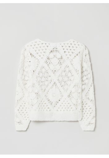 Stefanel - Pullover con lavorazione crochet, Donna, Bianco, Taglia S/M