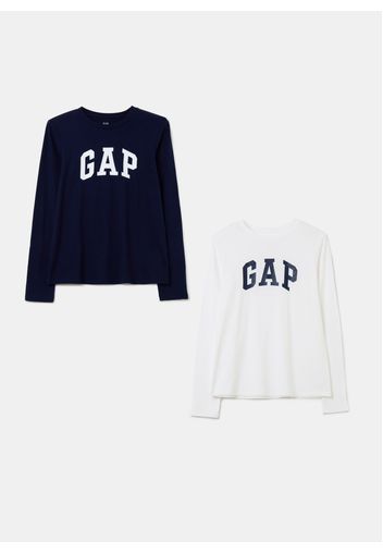 GAP - Bipack t-shirt a maniche lunghe stampa logo, Donna, Bianco/Blu, Taglia XS