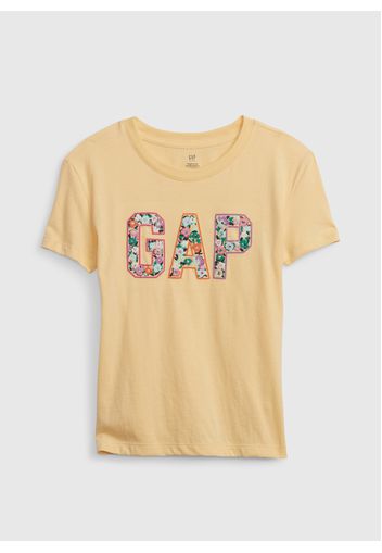 GAP - T-shirt in cotone bio con ricamo logo e fiori, Donna, Giallo, Taglia XS