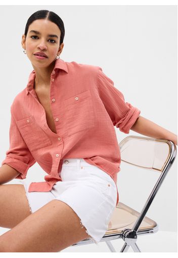 GAP - Camicia oversize in garza effetto crinkle, Donna, Rosa, Taglia XS