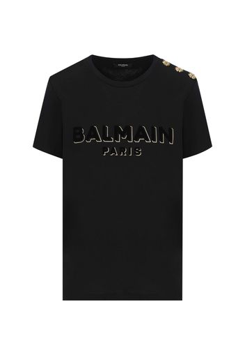 T-shirt In Cotone Con Logo Balmain Metallizzato Floccato