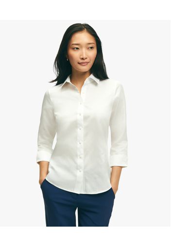White Fitted Stretch Cotton Sateen Three-quarter Sleeve Blouse - Donna Camicie E T-shirt White 2