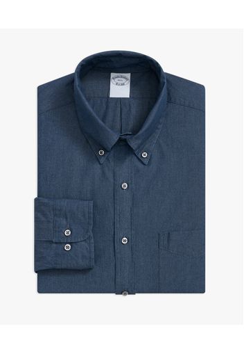 Camicia Blu Regular Fit In Chambray Di Cotone Con Collo A Polo Button-down - Uomo Camicie Eleganti Blu 16