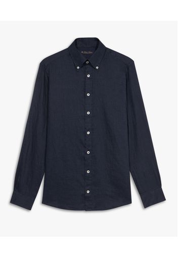 Navy Linen Button Down Casual Shirt - Uomo Camicie Sportive Navy Xxl