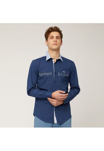 Camicia In Cotone Stretch Con Lettering Applicato, Blu, Taglia: XXL