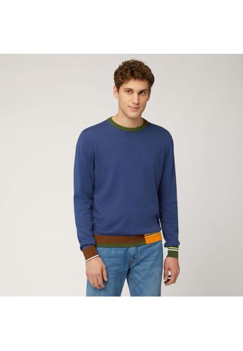 Pullover Girocollo In Cotone Organico Con Dettagli Color Block, Blu, Taglia: S