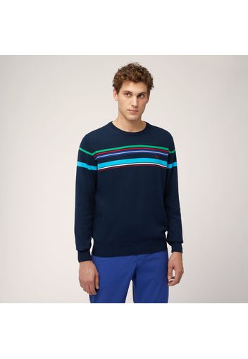 Pullover Girocollo In Cotone Organico Con Righe Color Block, Blu Notte, Taglia: S