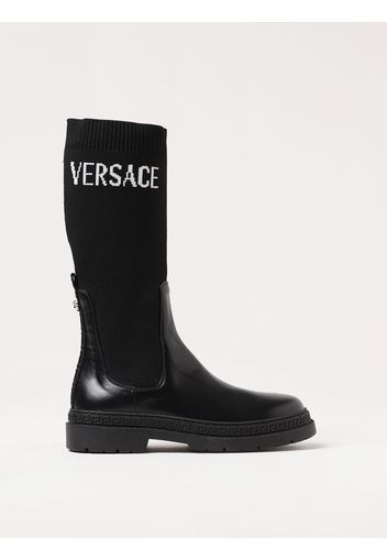 Stivale Versace Young in pelle e maglia stretch con logo jacquard