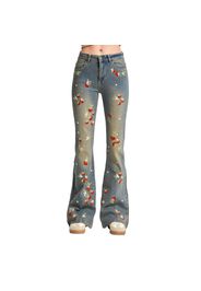 Jeans Flare con delicate ricami floreali vita alta donna
