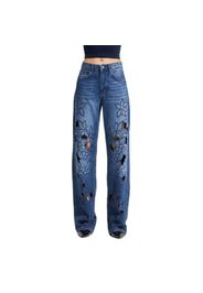 Jeans Loose a vita media decorati con delicate ricami floreali donna