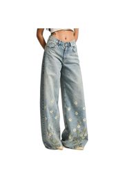 Jeans Palazzo Wide Leg vita media con elegante ricamo floreale donna
