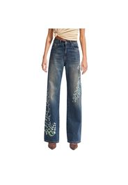 Jeans Straight vita alta con delicata ricamo floreale donna