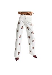 Jeans Straight vita alta con elegante ricamo floreale donna