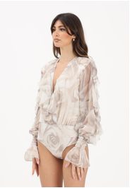 Body beige da donna con delicata fantasia floreale