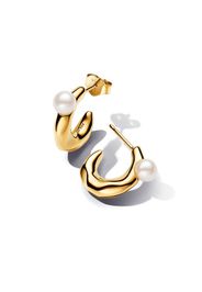 Orecchini Cerchi Aperti Linea Sinuosa con Perla d'Acqua Dolce Coltivata