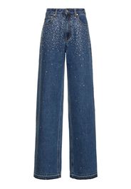 Jeans Larghi In Denim Di Cotone Con Cristalli