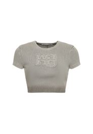 T-shirt Cropped In Cotone A Costine Distressed