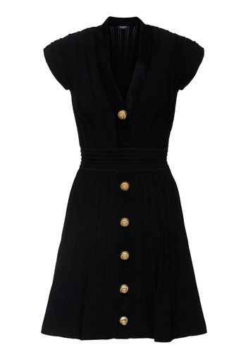 Buttoned Velvet V-neck Flared Mini Dress